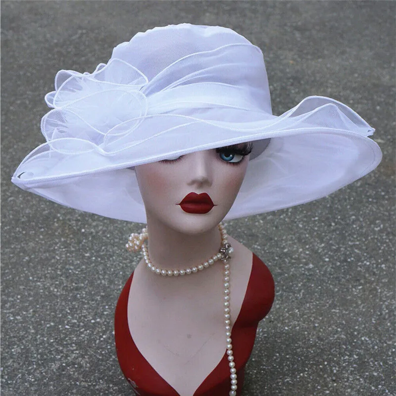 Eleghant Summer Party Formal Women Wide Brim Sun Hat Wedding Church Occasional Organza Caps with 3D Flower Lady | Аксессуары для