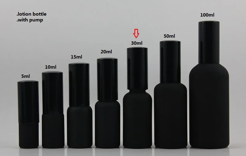 50pcs wholesale 30ml round black frosted lotion bottle with black pump, 1 ounce glass empty cosmetic bottle for liquid cream