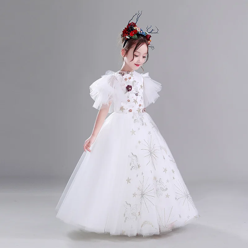 

Fashion White Long Flower Girls Dress For Wedding Flowers Little Girls Pageant Wedding Party Little Bride Dresses