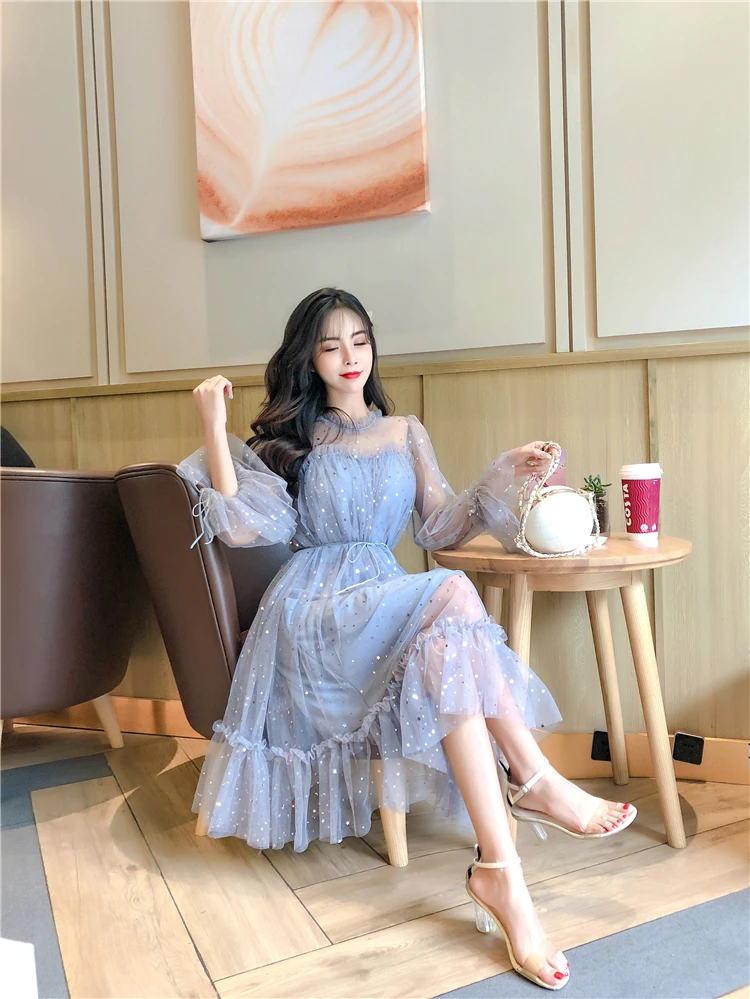 Peacock blue RUGOD Элегантное Длинное платье в сеточку, галстук с изображением звезд, о-образный вырез, расклешенный рукав, а-силуэт, расшитое блестками, платье, новая мода, женское вечернее платье - Цвет: Peacock blue