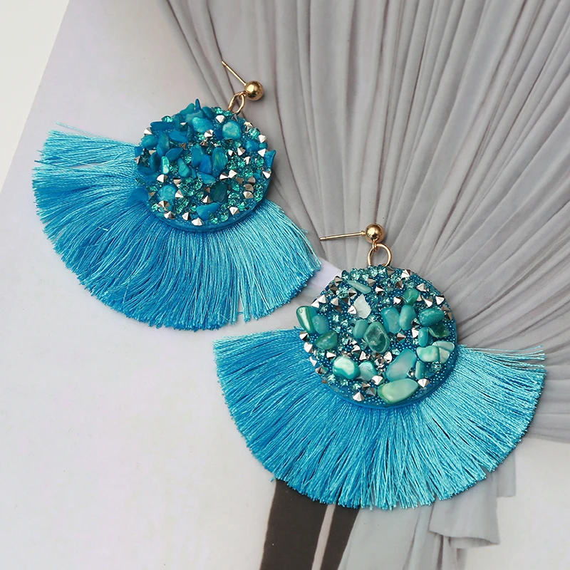 Hesiod Bohemia Sector Tassel Earrings for Women Femme Fringe Fashion Crystal Statement Large Drop Dangle Earring | Украшения и