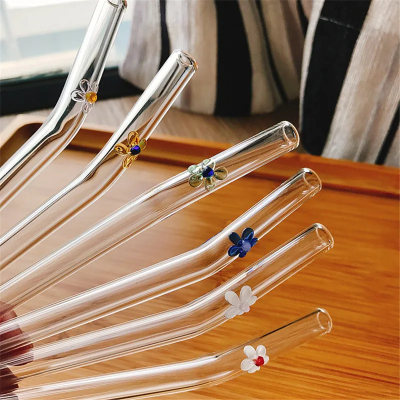 8PCS Creative Flower Straw Glass Reusable Drinking Straws Set Bent Curved Coffee Tea Juice Smoothies Brush | Дом и сад