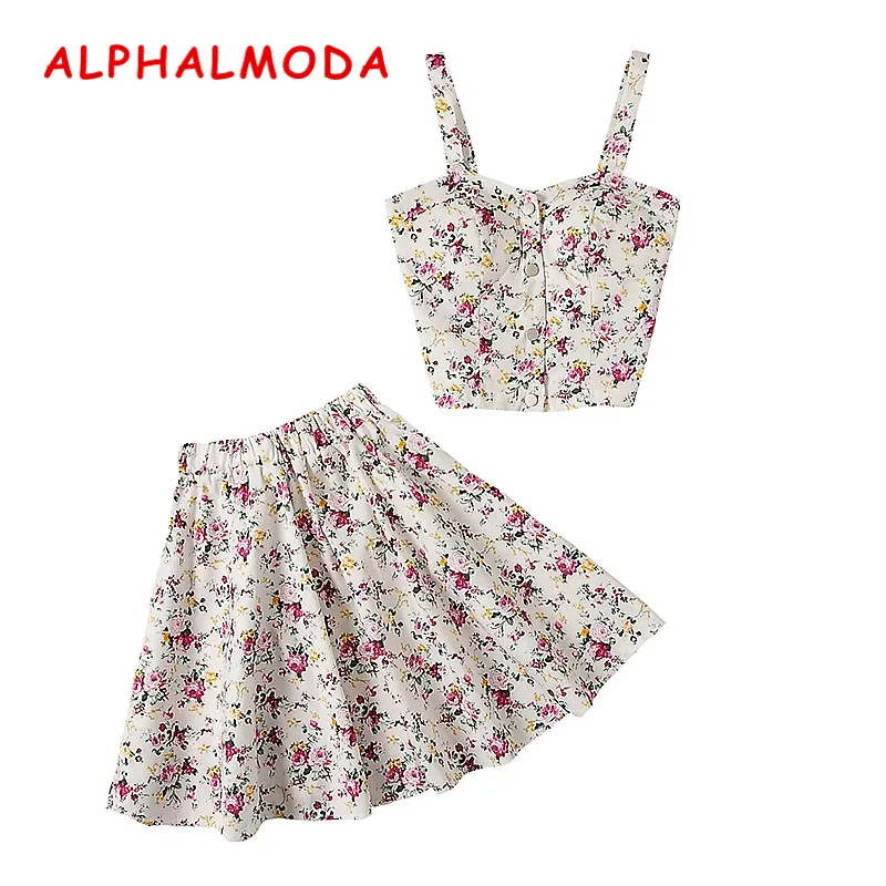 Женский однобортный Топ ALPHALMODA майка с цветочным принтом + мини юбка комплект из 2