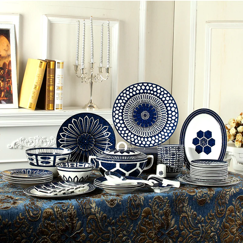 

Chinese bone china blue bowl Western tableware set Household combination high-end luxury European dish bowl set