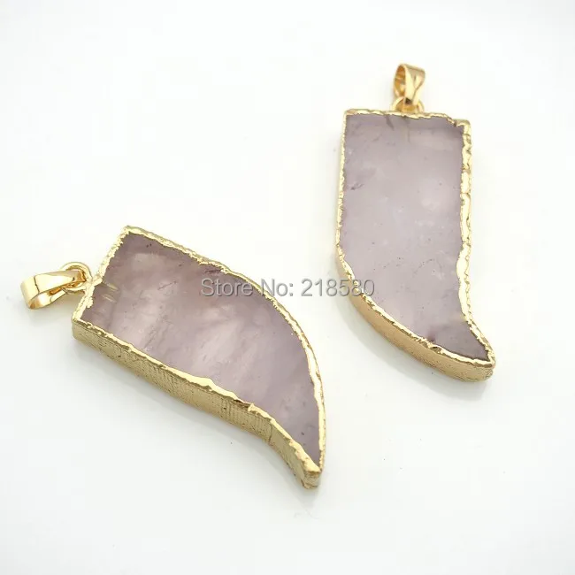 

C150211008 Smooth Created Rose Pink Quartz tusk Charm,Rose Pink Quartz Horn Pendant with Gold Electroplated Cap and Bail