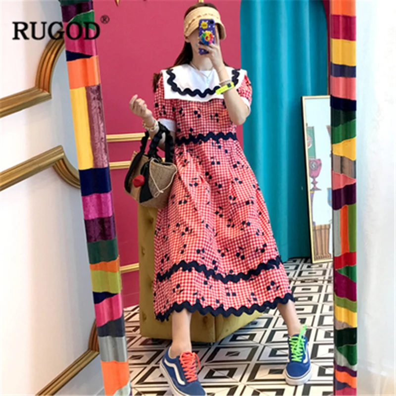 RUGOD 2019 Новое Женское шикарное клетчатое платье с вишневым принтом воротник Питер