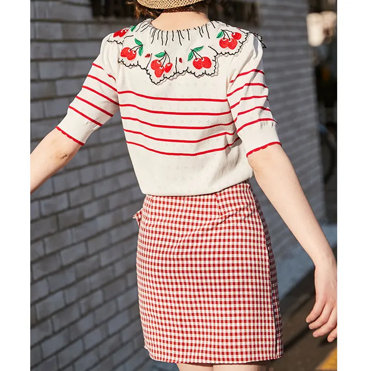 Милая трикотажная футболка для женщин лето 2019 в полоску с вырезом Питер Пэн