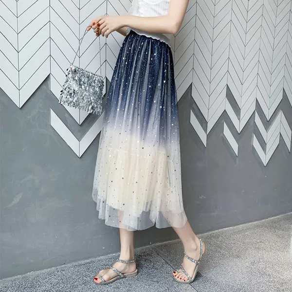 Sky blue apricot Azterum/юбки средней длины с блестками и звездами для девочек; г. Летняя модная женская плиссированная юбка из тюля с высокой талией в Корейском стиле - Цвет: Sky blue apricot