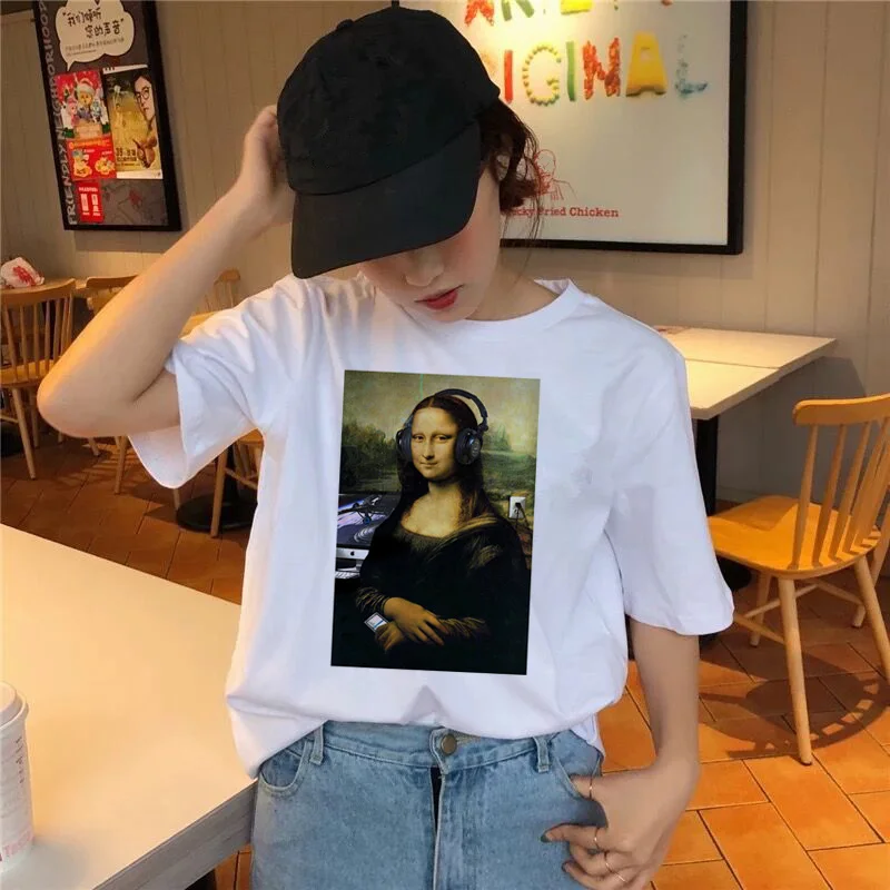 Mona Lisa футболка хип-хоп Футболка женская Забавный Топ Футболка harajuku 90s Уличная Повседневная с принтом Новая Корейская