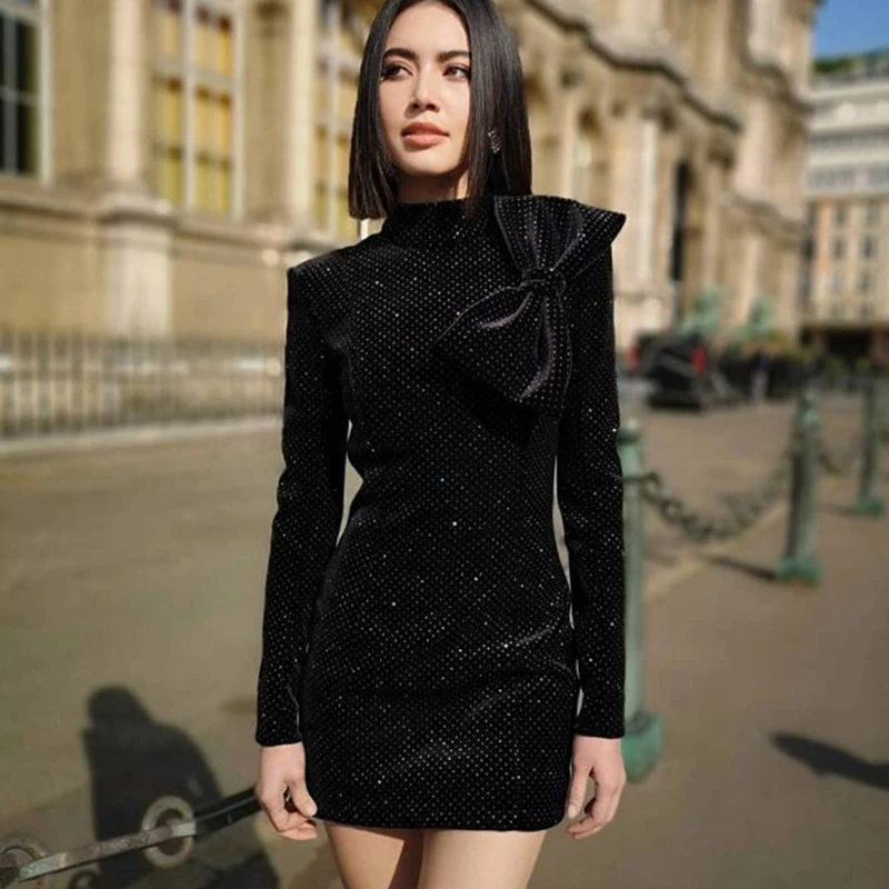 New Fashion Runway Designer Gilding Sequines Velvet Dress Winter Women Long Sleeve Big Bowknot Sheath Bodycon Party Dress