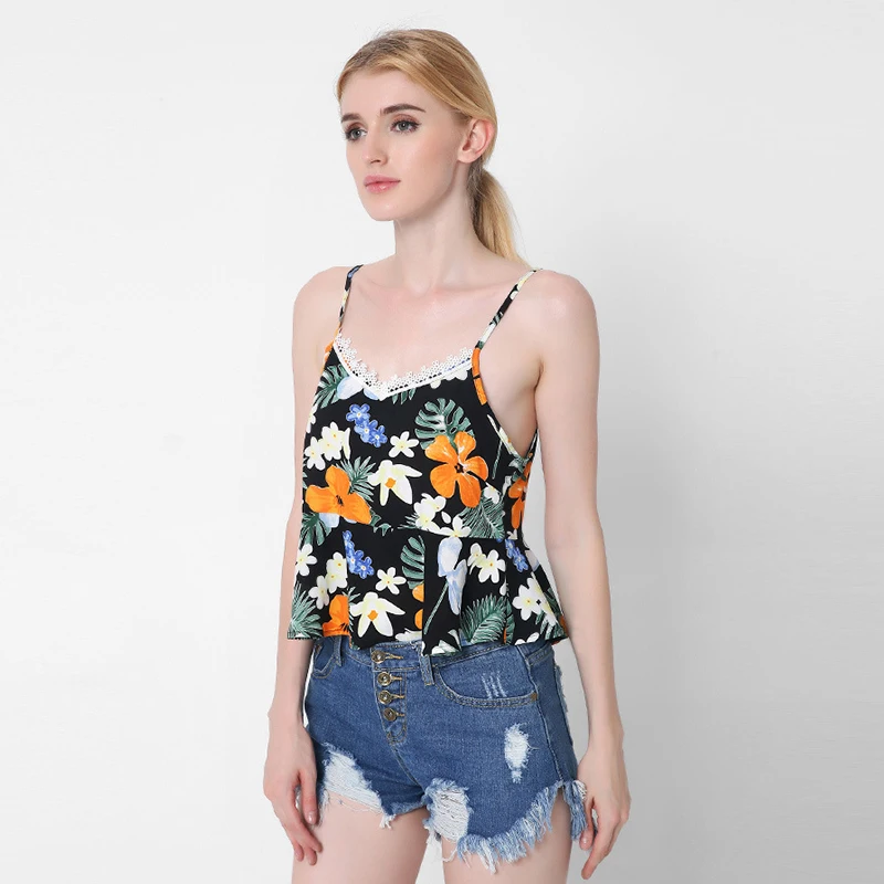 MaxNico Летние Женщины Топы Цветочный Принт Майки Кружева Оборками Ремень Sexy Спинки