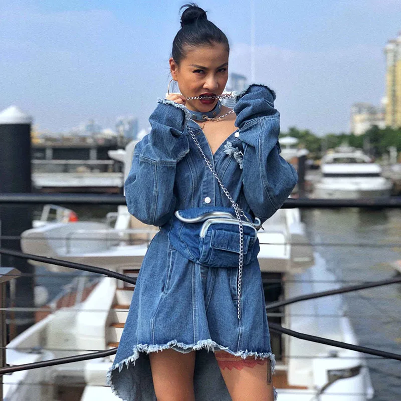 TWOTWINSTYLE Джинсовые куртки для Для женщин с отложным воротником с длинными рукавами асимметричное платье с кисточками женский жакет с поясная сумка весенние туфли прилив