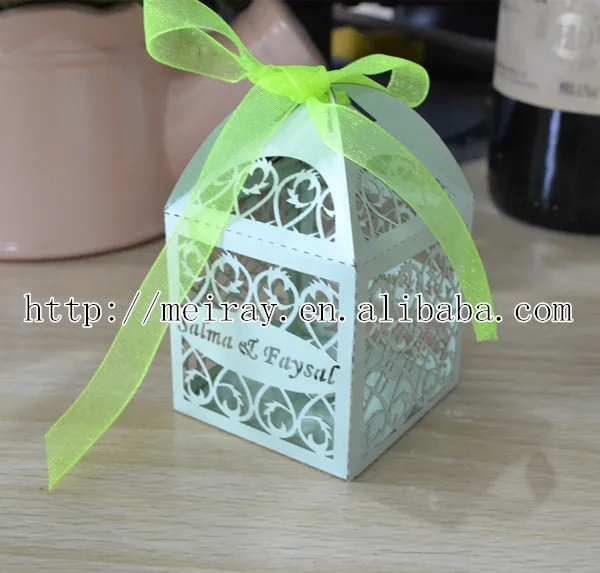 

laser cut wedding green favor boxes with green ribbon wedding boxes