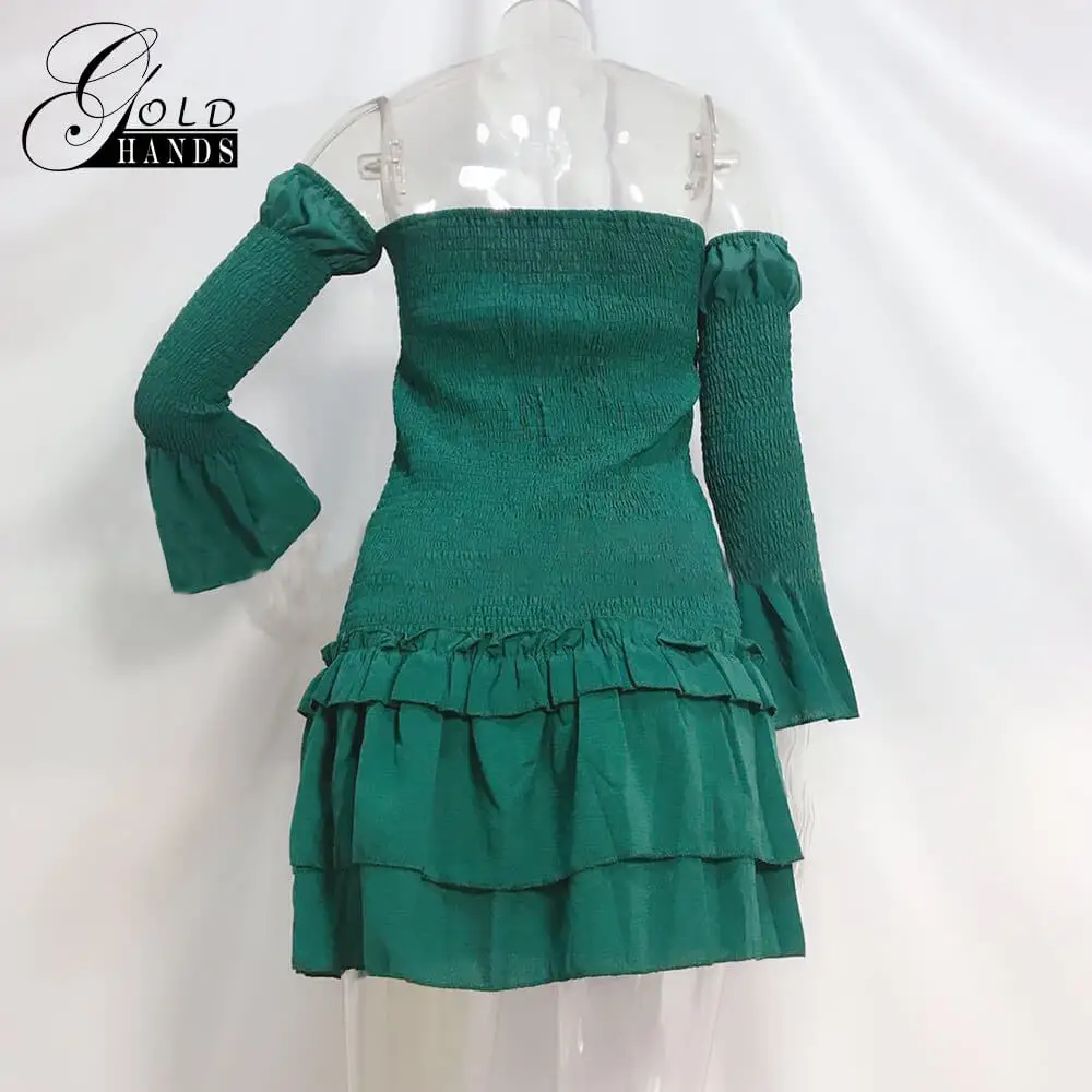 Золотое летнее платье с открытыми плечами без бретелек длинными рукавами