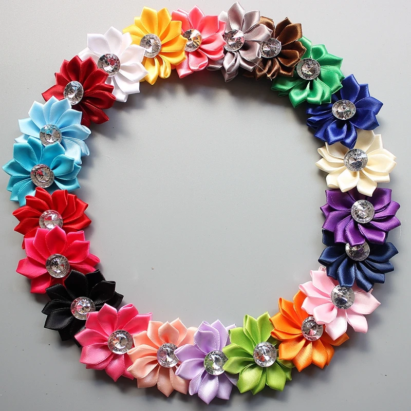 

2'' boutique mini Multilayers flower Satin ribbon flower pearl rhinestone hair flower hair/Garment accessories girls clips