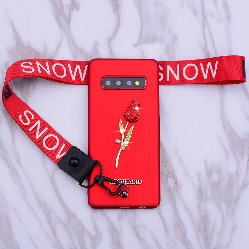 Lanyard rose phone case cover for Samsung Galaxy s10 s10e s9 s8 plus A3 A5 A7 2017 J7 J5 J3 2016 bling Protective matte bag |
