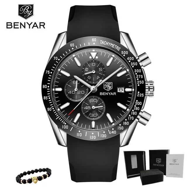 Sliver Black BENYAR мужские часы Топ люксовый бренд Бизнес Сталь Кварцевые Часы повседневные водонепроницаемые мужские наручные часы Relogio Masculino - Цвет: Sliver Black