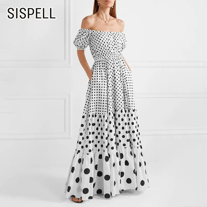 SISPELL Hit Color Floor-Length Women's Dress Slash Neck Off Shoulder Backless Dot A Line Female Dresses Fashion New 2019 Summer | Женская
