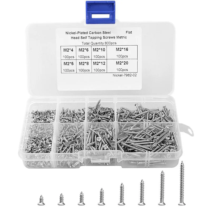 

800Pcs/Lot M2 Cross Screws Self Tapping Screws Carbon Steel Countersunk Flat Cross Head Screw Bolt Tool Set 2018 New