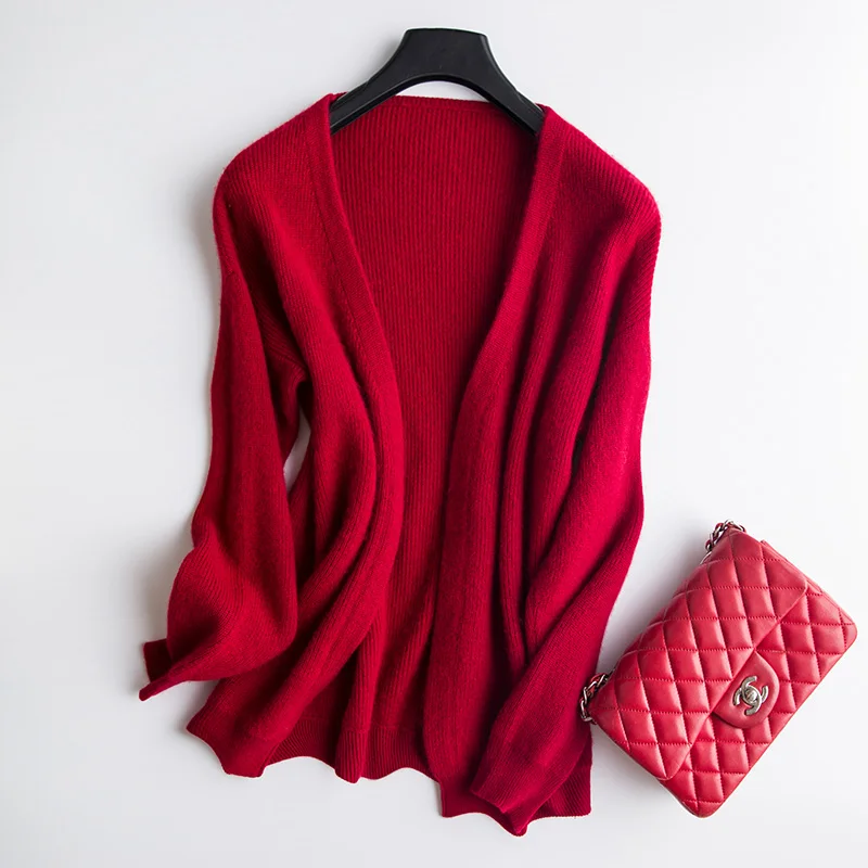 Smpevrg autumn new female cardigan cashmere sweater women coat V-neck Seven-quarter sleeve knitted cardigan women sweater jumper - Цвет: red