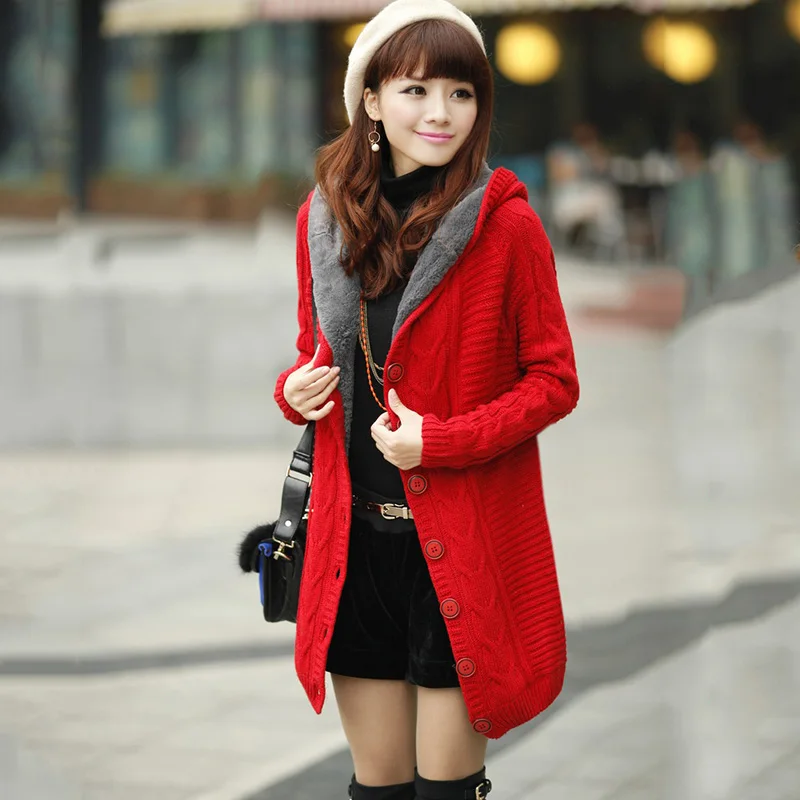 

2019 New autumn winter Women Long Sweater Coat plus thick velvet Casual School Hood Single-breasted cardigan Warm Coat cc455