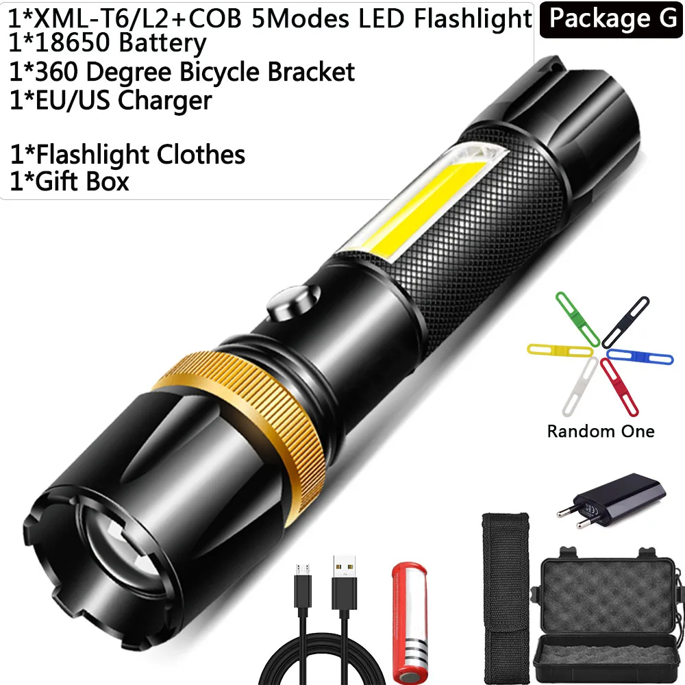 g T6+ COB светодиодный фонарик с usb зарядкой водонепроницаемый масштабируемый 5 режимов Алюминиевый Электрический фонарь 18650 - Испускаемый цвет: g