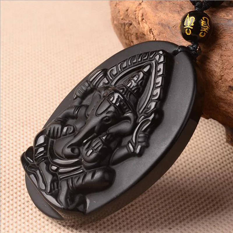 Drop Shipping Hand Carved Obsidian Pendant Black A Lucky Amulet Elephant God Necklace For Men Women With Chain Gift | Украшения и