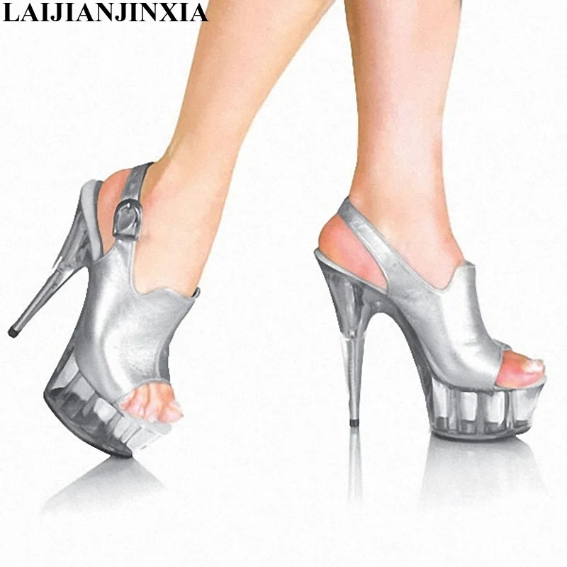 

LAIJIANJINXIA New fashion brand platform 15cm high heels Sandal sexy buckle peep toe sandals silver women Crystal shoes