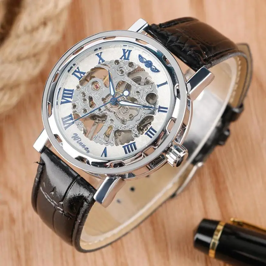 Скелет механические часы Для мужчин кожа циферблат Автоматическая Бизнес