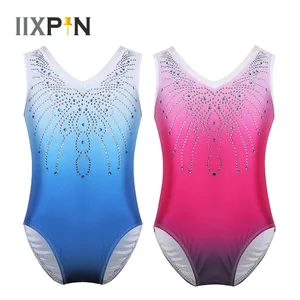 IIXPIN гимнастический трико для девочек, блестящий балетный трико со стразами, Цельный купальник без рукавов, v-образный вырез, горный хрусталь, балетный танцевальный комбинезон
