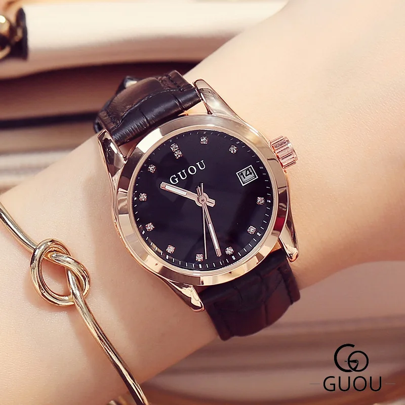 2019 GUOU Fashion Golden Ladies Watch Women Leather Wrist Watches Diamond Gold Clock Saat Relogio Feminino bayan kol saati Hot