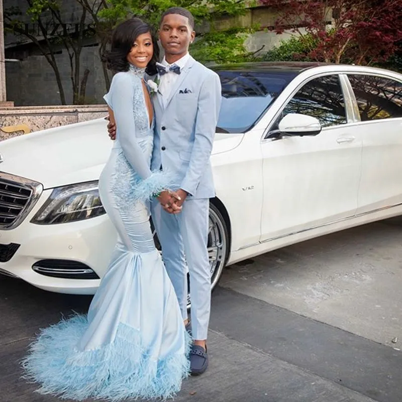 Lace High Neck Long Sleeves Prom Dress With Feathers Mermaid Floor Length Blue Party Gowns For Women Sexy Keyhole Front Robe