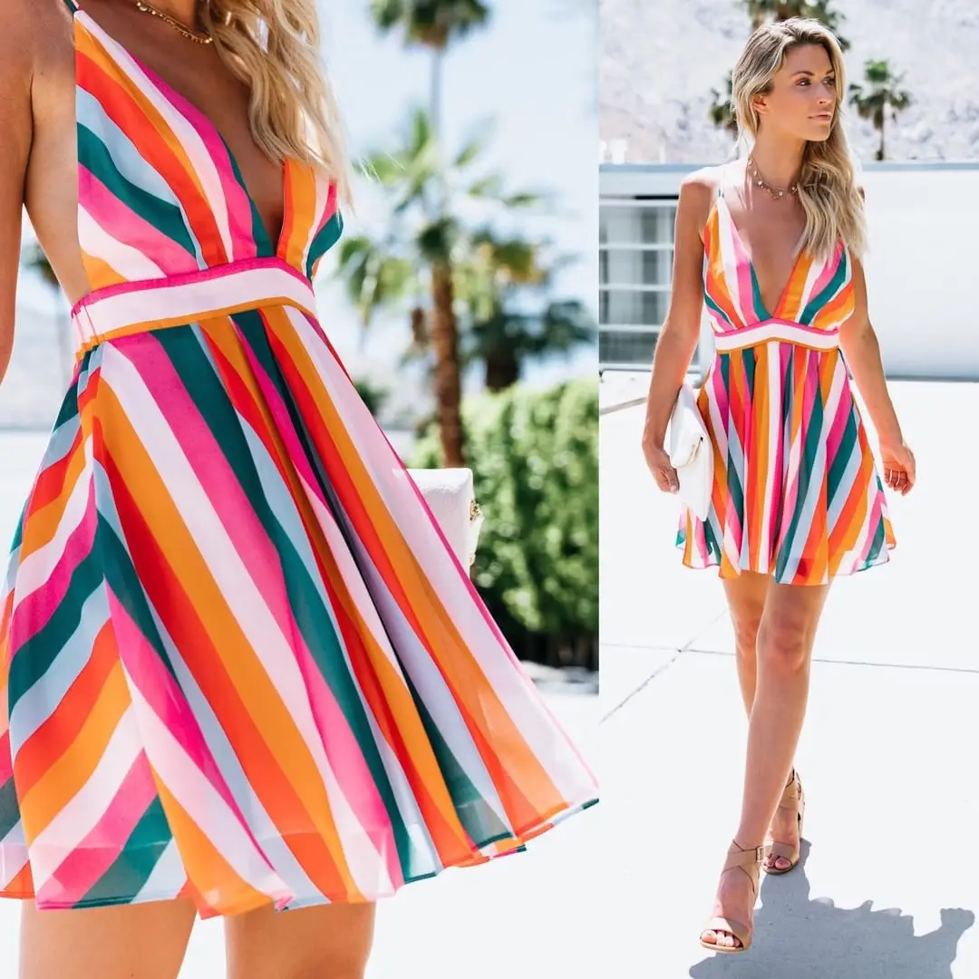 Женское богемное платье на бретелях-спагетти с V-образным вырезом | Женская