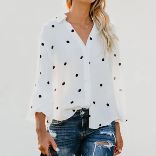 Летние женские Костюмы v образным вырезом Платье с длинными рукавами в горошек