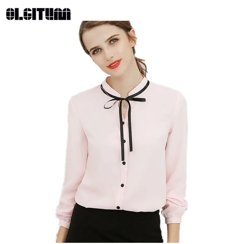 

Женская офисная блузка, облегающая Однотонная рубашка с длинным рукавом, белого и розового цветов, с бантом, для весны, 2020