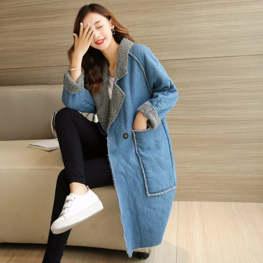 Зимняя женская одежда длинная хлопковая с длинным рукавом из денима и вельвета