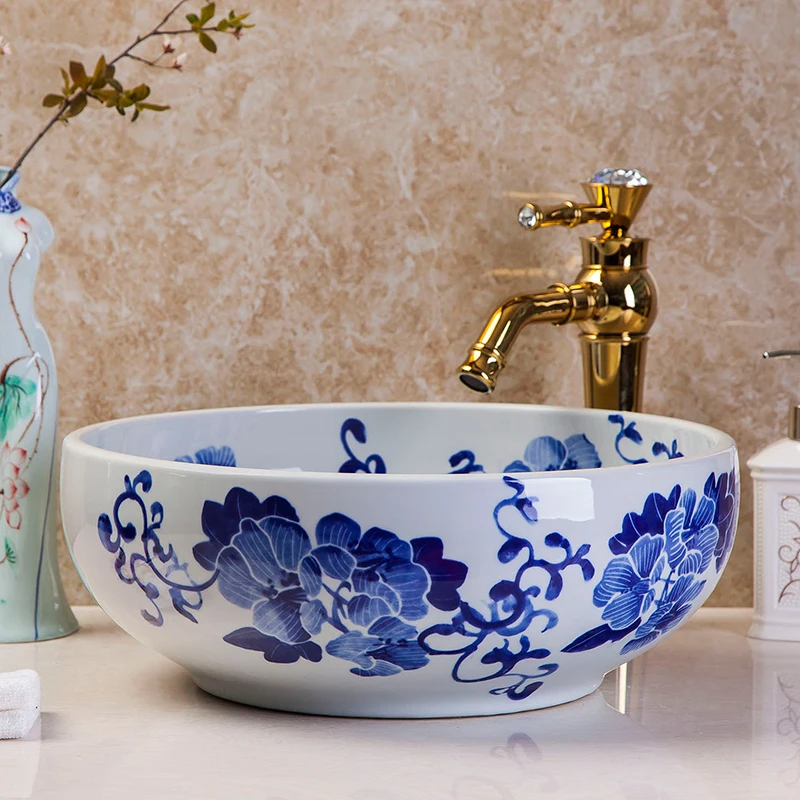 Художественное искусство Настольная раковина чаши синяя и белая керамическая