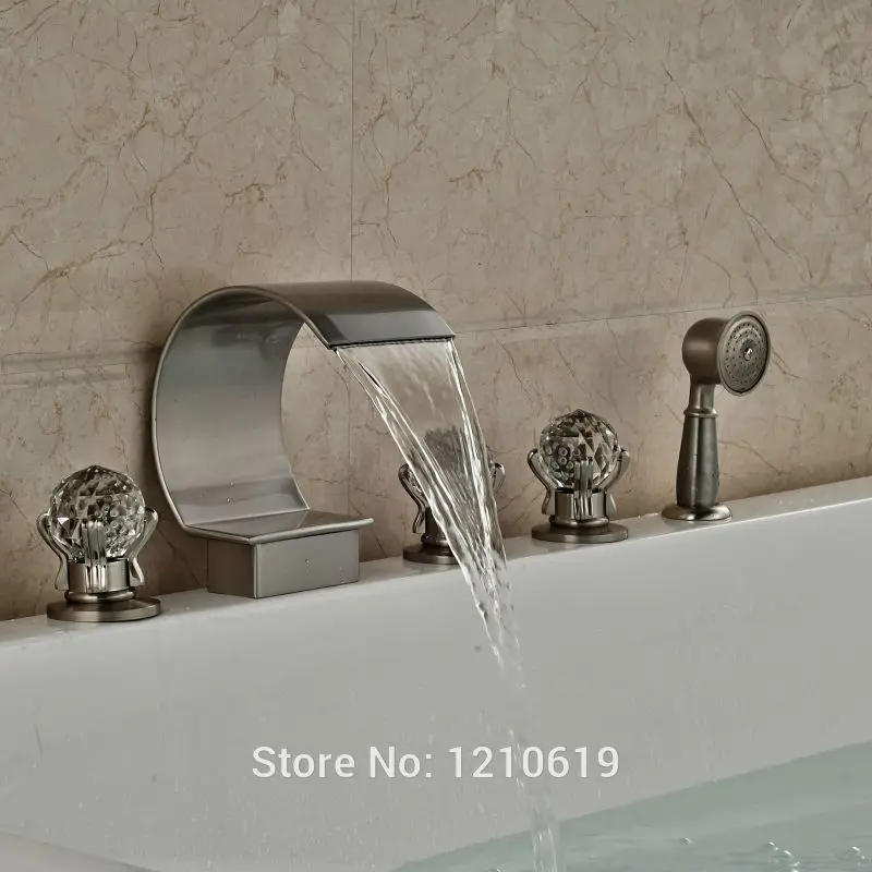Newly 5Pcs Bathroom Shower Tub Mixer Faucet w/ Hand Nickel Brushed Bathtub Set Crystal Handles | Обустройство дома