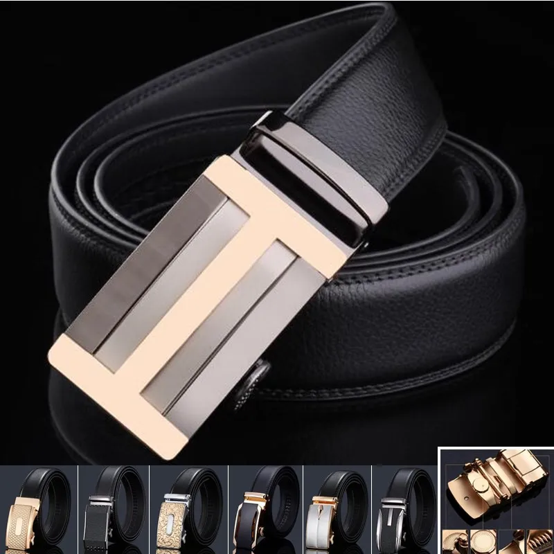 Black 3.5cm Width Men Genuine Leather Straps Waistband,Real Full Two-layer Cowhide Belts,Automatic Buckle Belt,with Belt Buckle