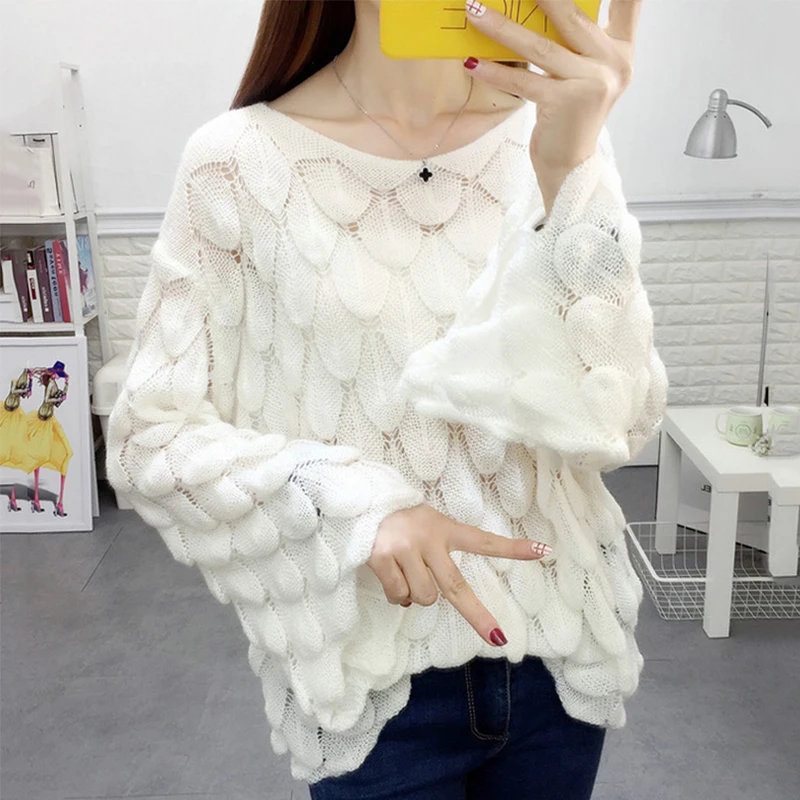 Women Spring Sweater Hollow Out Transparent Female Korean Style Jumper Sweer Flare Sleeve Ladies Pullover | Женская одежда