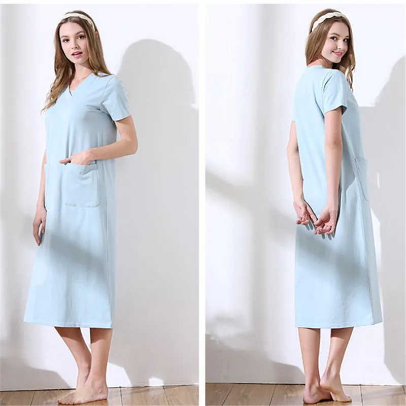

New Arrivals Plus Size 2018 Summer Women Sweet Sleepwear Cotton Nightgown Pockets Night Dress