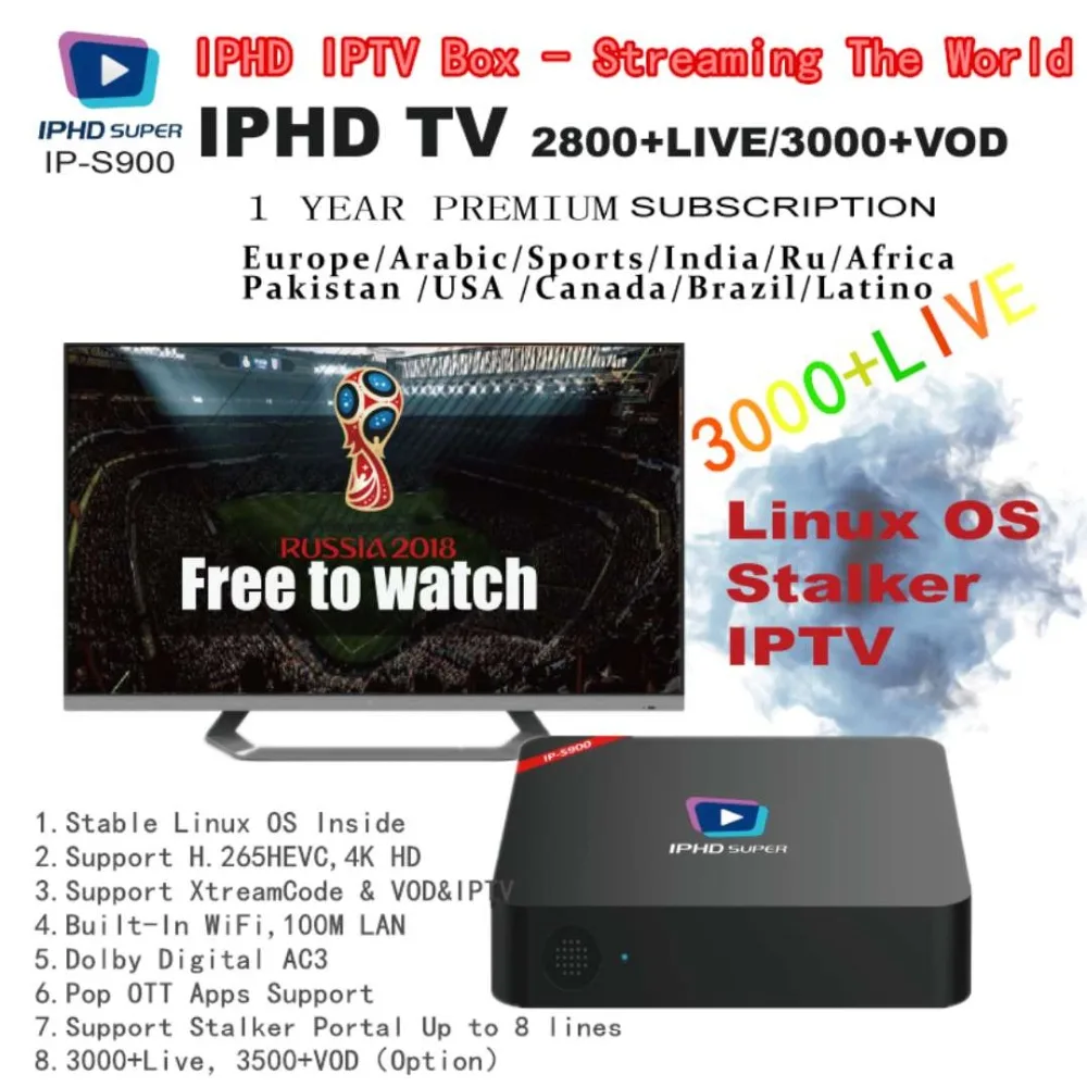 IPHD S900 IPTV BOX 2800 + прямые каналы/3000 VOD ОДИН ГОД бесплатное обслуживание включено