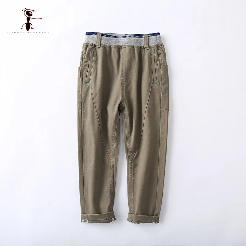 Khaki Kung Fu Ant/ г. Длинные однотонные Хлопковые Штаны с эластичной резинкой на талии для мальчиков брюки для школьников 73415 - Цвет: Khaki