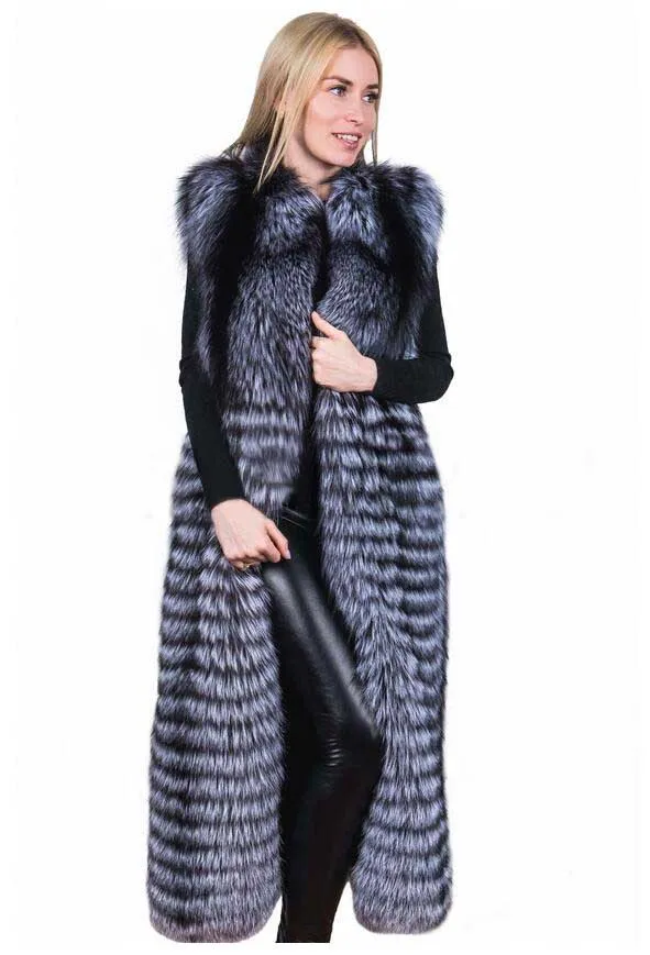 Silver Color Новинка, натуральный мех лисы Жилет, натуральный цельный Лисий мех, жилет для женщин, длина 120 см, супер модный дизайн, куртки S-8XL - Цвет: Silver Color