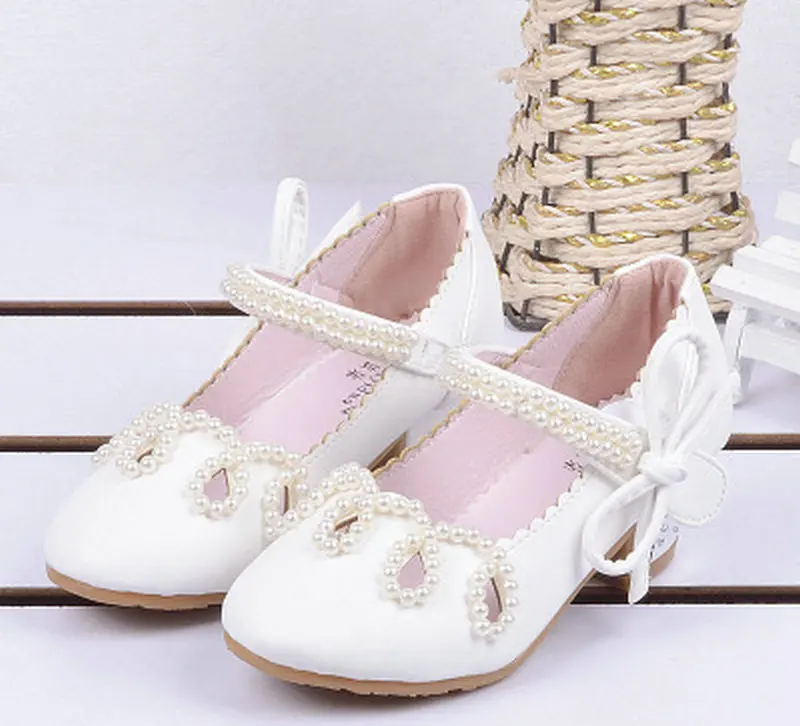 

New Children's Kids Girls Princess Sandals Leather Shoes Pearl Chain Girls High Heels Bowtie stage show shoes 4-12 years old