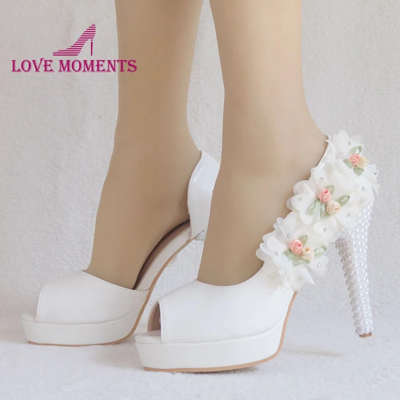 

White Color Appliques Sweet Bridesmaid Shoes Peep Toe 10cm High Heels Wedding Shoes Mother of the Bride Shoes Women Pumps