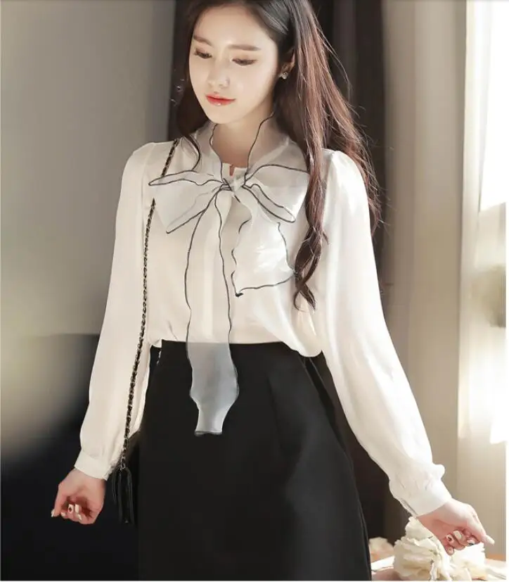 

Chiffon Shirt Female Bow Sweet Fashion Lap top Temperament Harajuku Women Blouse Top Long-Sleeved Solid Color Shirt