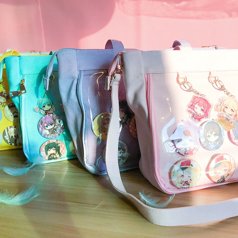 

Japanese Lolita Transparent Shoulder Bag Canvas Single Side Transparency Handbag For Dango Badge Show Ita Bag JK Cosplay
