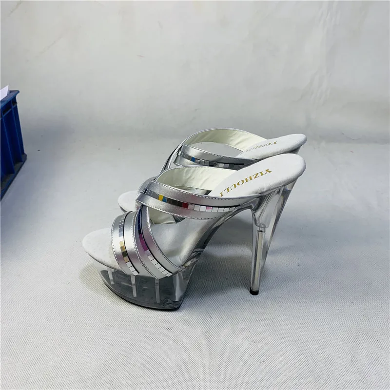 Пикантные Серебристые шлепанцы со стразами и блестками ультравысокий Каблук 15