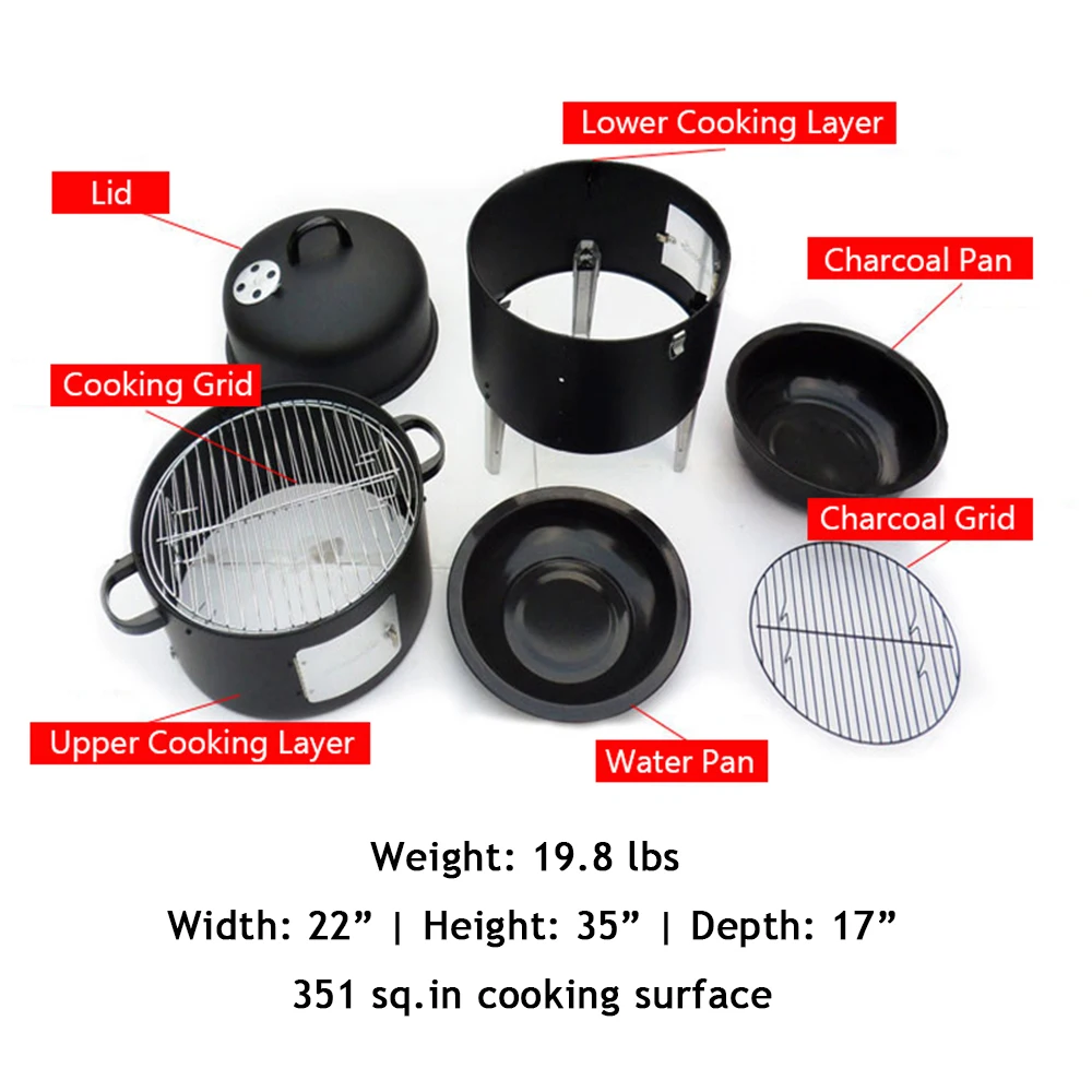 Realcook 1" стальной вертикальный барбекю уголь гриль коптильня для приготовления пищи на открытом воздухе Кемпинг портативный круглый барбекю гриль черный